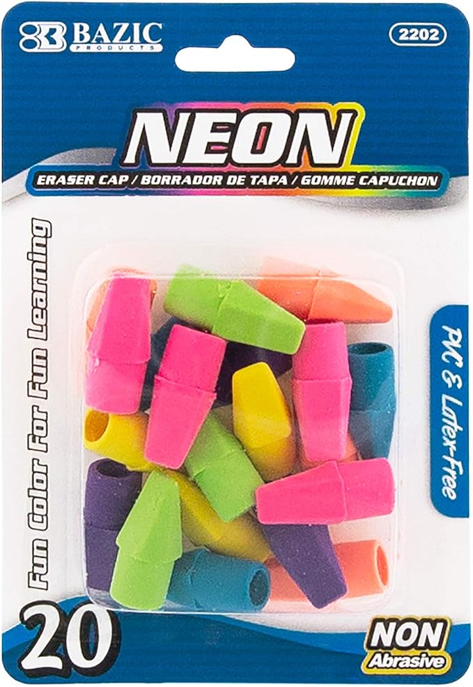 BAZIC Products Neon Eraser Top, Latex-Free Pencil Top Erasers with Arrowhead Caps, Non-Toxic Erasers for Kids, Students, Teachers, Classroom, Art, Homework & School Supplies, 20/Pack, 144-Pack