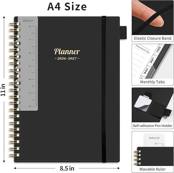 AHGXG Academic Planner 2026-2027, July 2026 - June 2027, Weekly and Monthly, 8.5" x 11", Calendar, Agenda for Women, Teacher, Student, School, 12-Month Tabs (Black)