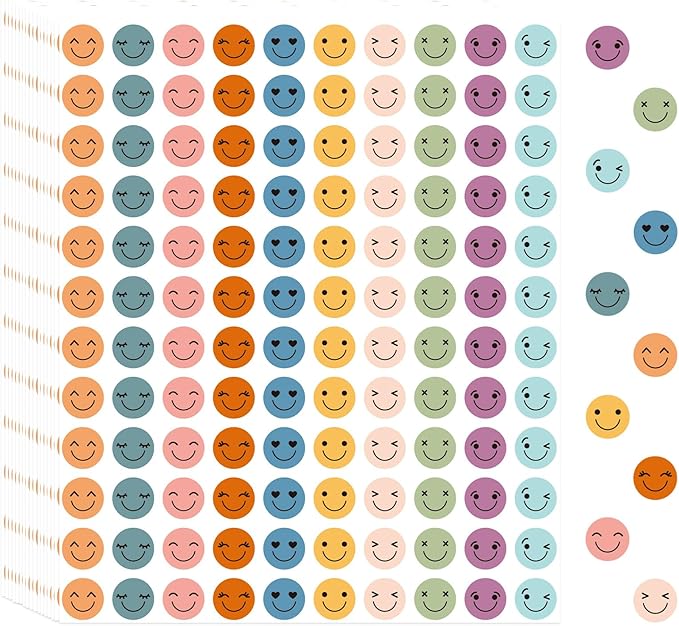 6000 Pcs Boho Smiley Face Stickers - 0.4 inch 10 Colors Mini Dot Bohemian Style Happy Face Stickers for School Reward Chart Students Teacher Supplies