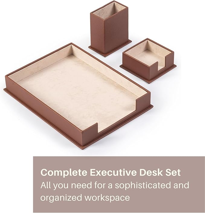 Leather Document Tray - Pen Holder - Note Paper Holder -3 Accessories-Desk Organizer - Office Desk Accessories - Desktop Storage - 3 PCS (Tan)