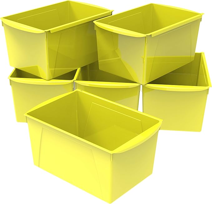 Storex Extra-Large Book Bin, Interlocking Plastic Organizer for Home, Office and Classroom, Yellow, 6-Pack (71132U06C)