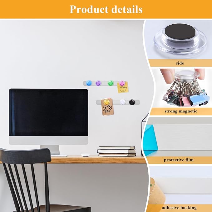 Magnetic Board for Wall - 6 Pcs Frameless Stainless Iron Magnetic Strips with Adhesive Backing, Magnet Bulletin Board with 7 Colorful Magnets, Memo Board Metal Strip for Office, Kitchen, School