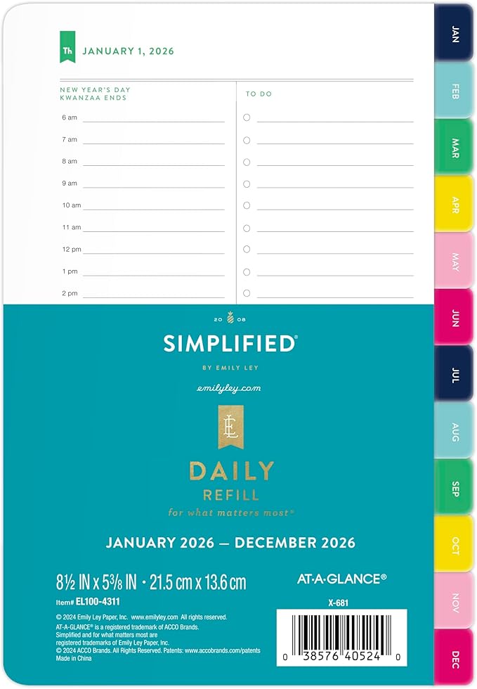 AT-A-GLANCE 2026 Planner Refill, Simplified by Emily Ley, Daily, 5.5" x 8.5", Desk Size, One Page Per Day Refill (EL100-4311-26)