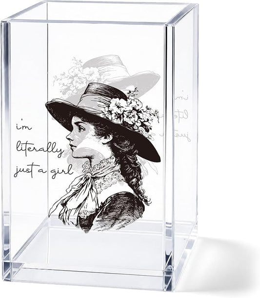 Acrylic Pen Holder Cup, Vintage Aesthetic Desk Decor, “I’m Literally Just a Girl” Pencil Holder Organizer, Black and White Fashion Style Office Accessories, Gift for Women