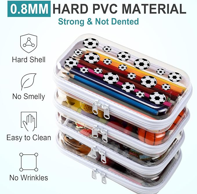 Hoolerry 4 Pcs Soccer Clear Hard Zipper Case Transparent Storage Pouch for Sports Party Favor Soccer Ball Team Gifts Durable Plastic Organizer Box Container for Travel, Office Supplies, Small Tools