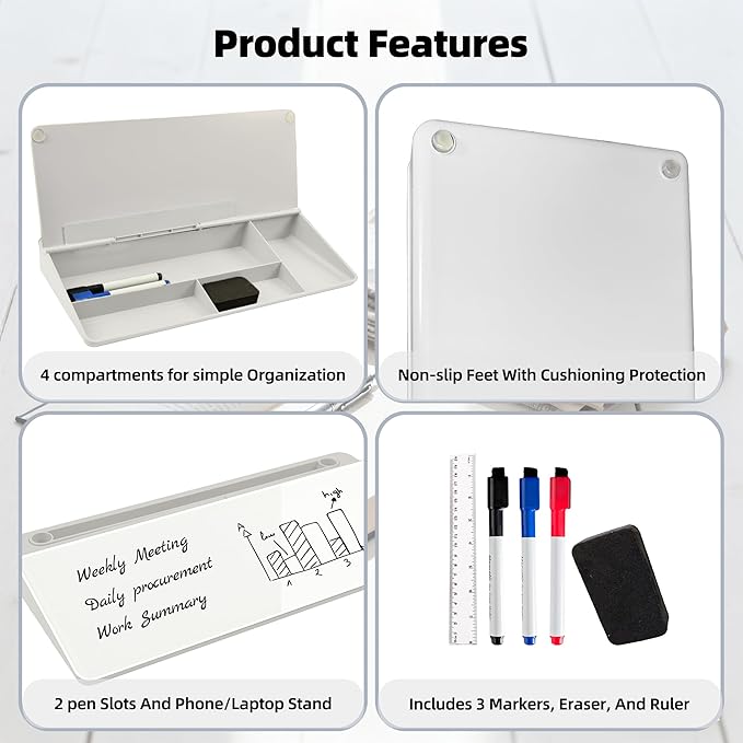 Desktop Whiteboard, Glass Dry Erase Board, Desk Board Buddy,Computer Keyboard Stand,Desk Whiteboard Organizer for Home,Office,School Supplies(Black & White)
