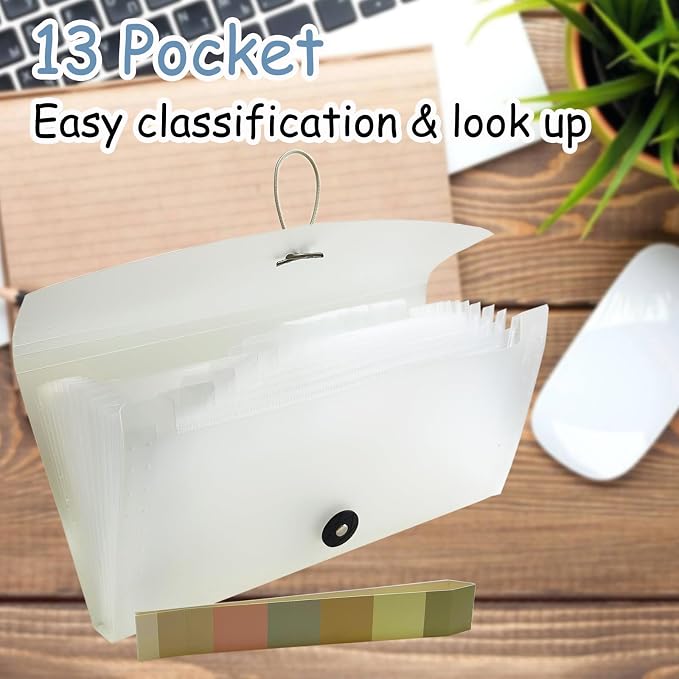 Portable 13-Pocket Receipt & Coupon Organizer, Small Expanding Accordion File Folder with Labels, Long Ticket Size Holder for Bills, Checks, and Travel Documents (10.2" x 5.5"), White