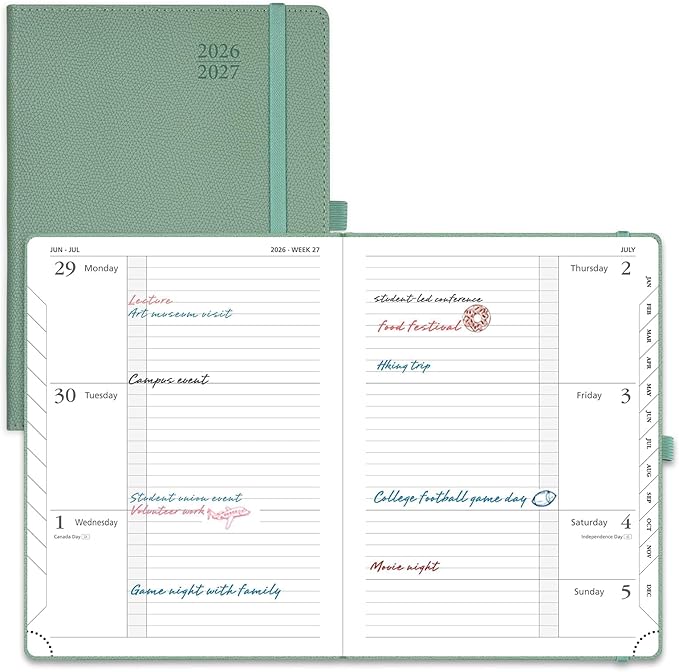 POPRUN Planner 2026-2027 (Medium 6.75"x 8.75"), Horizontal Weekly Notebook Jul.2026 - Jun.2027, Academic Appointment Book with Monthly Tabs, Leather Hardcover, 100 GSM - Army Green