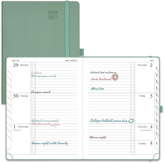 POPRUN Planner 2026-2027 (Medium 6.75"x 8.75"), Horizontal Weekly Notebook Jul.2026 - Jun.2027, Academic Appointment Book with Monthly Tabs, Leather Hardcover, 100 GSM - Army Green