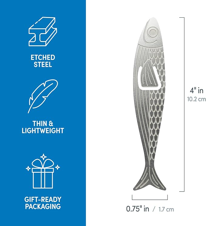 Genuine Fred Water Marks Sardine Bookmarks – Set of 3 Flexible Steel Page Markers with Sardine Tin Packaging – Fun & Functional