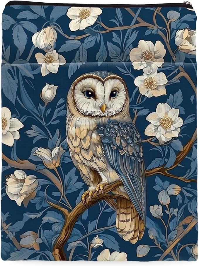 Vintage Flower Owl William Morris Book Sleeve for Book Lovers, Bookish Book Protector with Zipper, Washable Fabric Book Cover for Paperbacks & Hardcovers,11.4 x 9.1Inches (Blue-Owl, Medium)