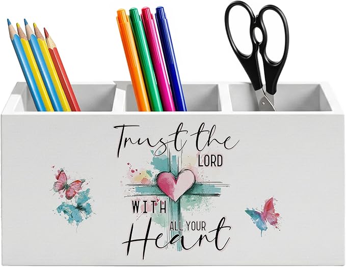 Pink Heart Cross Christian Pen Holder for Home Office Desk, Faith Based Gifts, Trust the Lord with All Your Heat Bible Verse Wooden Box Sign Pencil Holder for Desk Shelf Organizer