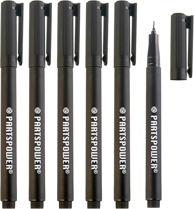 PARTSPOWER Fine Tip Permanent Pens, 6 Count Transparent Sticky Notes Writing Pens, 0.5mm Quick Dry Markers, Black Oil Based Marking Pens