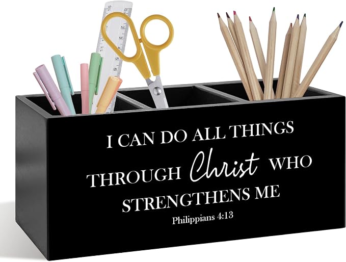 Inspirational Christian Pen Pencil Holder, Christian Desk Accessories, I Can Do All Things Through Christ Bible Verse Wooden Pen Pencil Organizer for Office Home Bedroom Desk Decor
