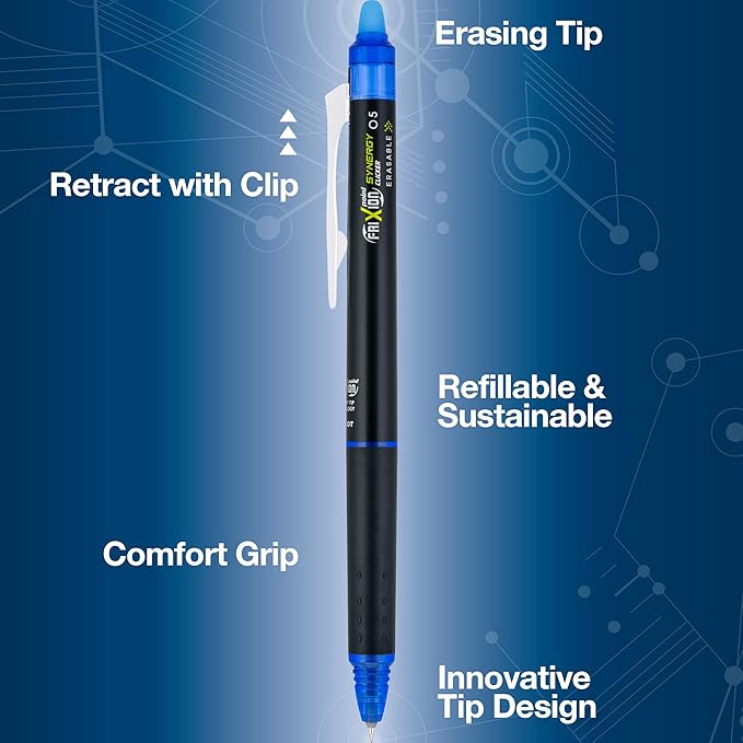 Pilot, FriXion Synergy Clicker Erasable, Refillable, Retractable Gel Ink Pens, Extra Fine Point 0.5 mm, Pack of 12, Blue Ink