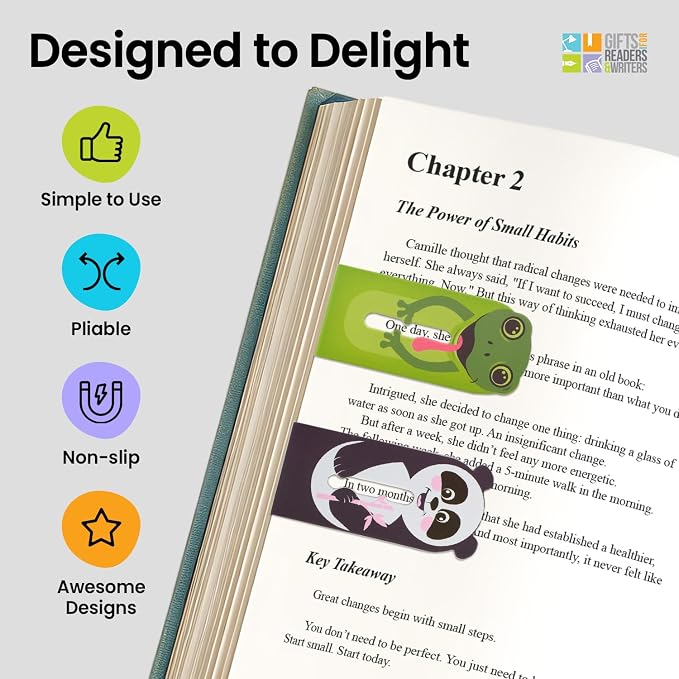 Gifts for Readers & Writers Linemarker Bookmark, 2 Pack Magnetic Bookmarks, Includes Line Finder Slit for Line Tracking, Small & Cute Stationery, Book Page Holder, Reading Accessories, Frog & Panda