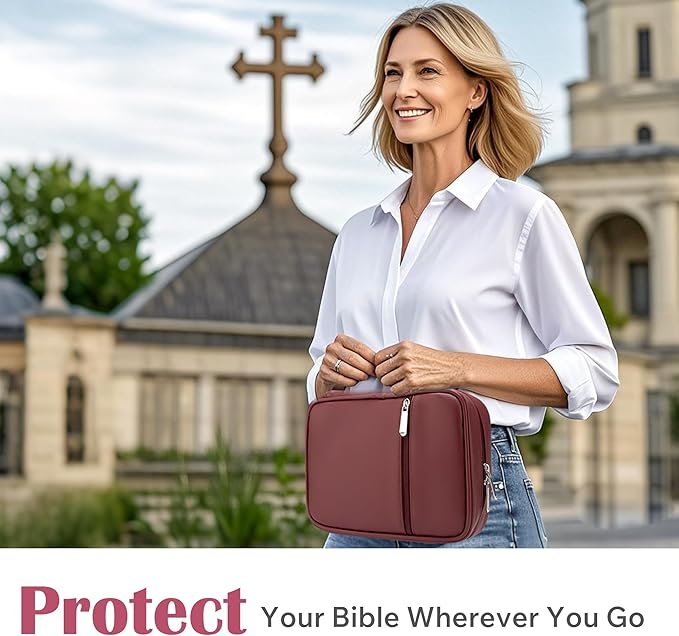 Small Bible Cover Case for Women and Men, 9x6 PU Leather Bible Sleeve, Compact Travel Bible Carrier Bag with Front Pen Holders, Zipper Closure, Inner Pockets - Burgundy Red