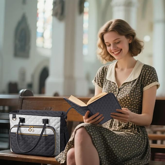 Large Bible Bag with Bible Cover Case for Women,Color-Blocking Bible Carrying Case,Church Tote Bag with Shoulder Strap for Bible Study Supplies,Christian Gifts for Women（Gray）