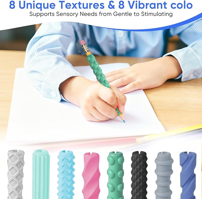 8-Pack Textured Silicone Pencil Grips–Sensory Fidget Sleeves for Kids& Adults,ADHD &Autism Anxiety Relief,Quiet Classroom&Travel Fidget Tool for Focus, Fidget Gifts Back-to-School Essentials