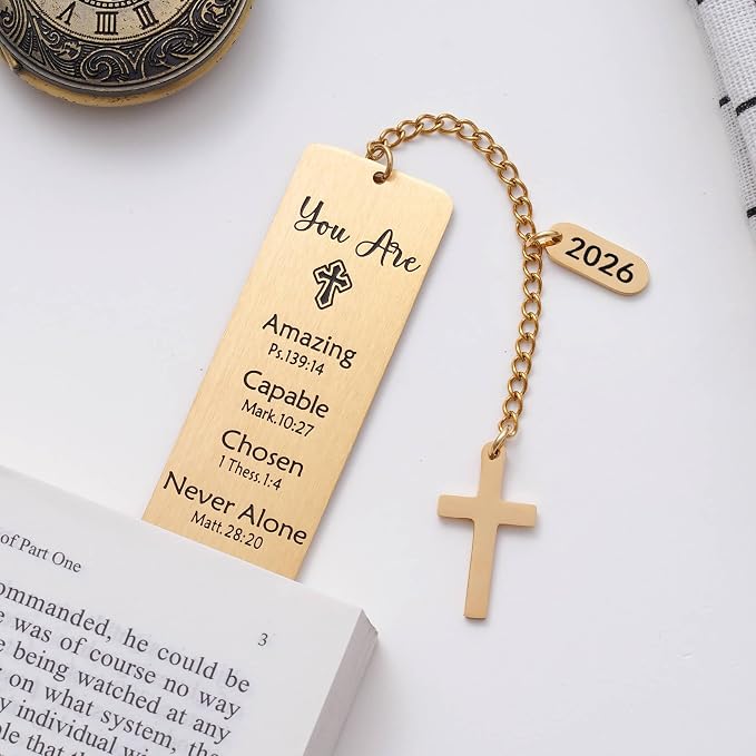 2026 Religious Bible Verses Bookmark with Cross Charm, Faith-Based Gift for Readers, Stainless Steel Christian Affirmation Book Mark, Bible Confirmation Accessories for Him Her, Gold