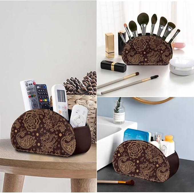 Brown Paisley Pattern Remote Control Holder with 5 Compartments, Office Desk Organizers TV Stand Decor/Nightstand Accessory Remote Caddy,Storage for Cosmetic Brushs/Pens