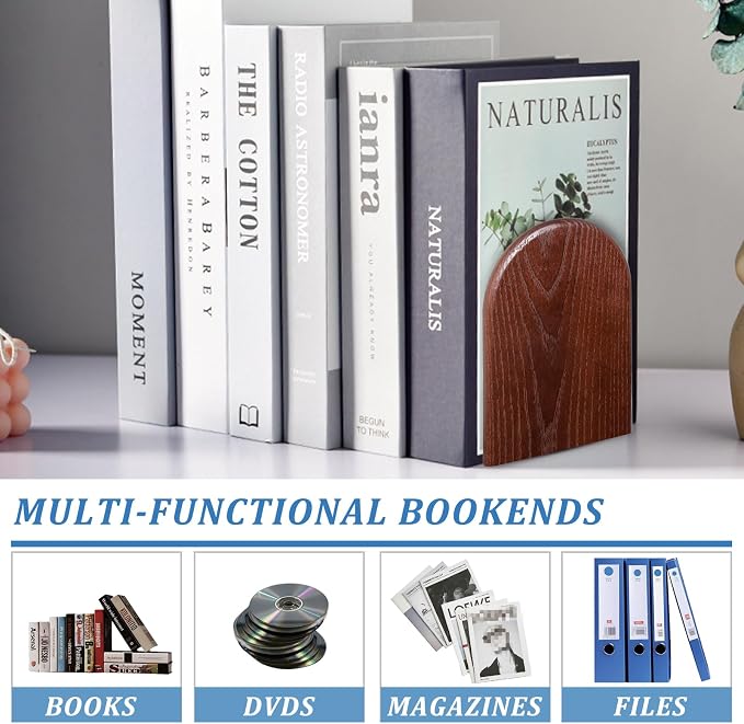 Book Ends, Large Sturdy Wooden Bookends for Shelves - Heavy Duty Non-Slip Book Organizers, Decorative Bookend Holders for Home Office, Library, Black Wood Universal Economy Bookend, 1 Pair