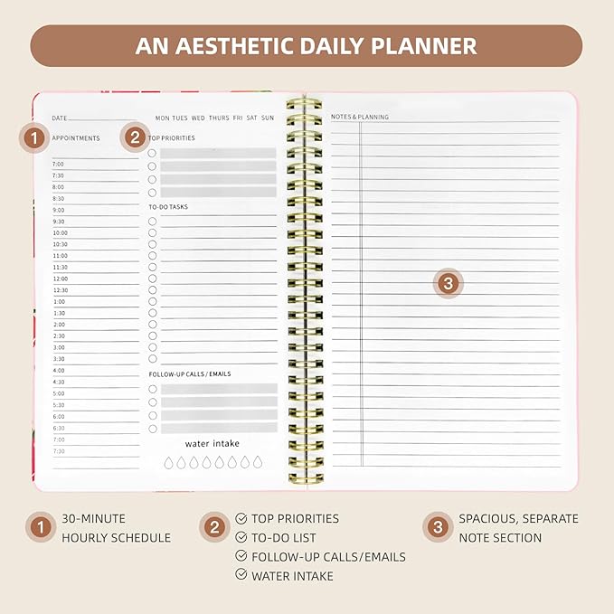 Undated Daily Planner - Spiral Notebook 80 Days One Day Per Page, Hourly Schedule, To-Do List, Notes, Everyday Planning Task, A5 Hardcover Journal Organizer Book Women Cute, Strawberry