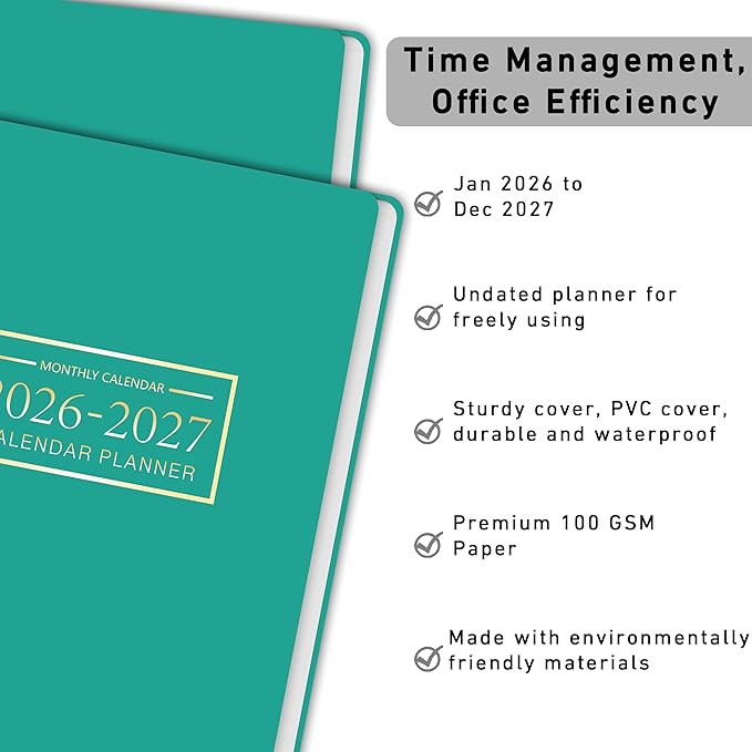 Monthly Planner Jan 2026 - Dec 2027, Monthly Planner for 24 Monthes, 9×11 Inch, Teacher Monthlys, Hard PVC Cover, Spiral Bound, Time Management Calendar, Perfect for School & Office (Blue)