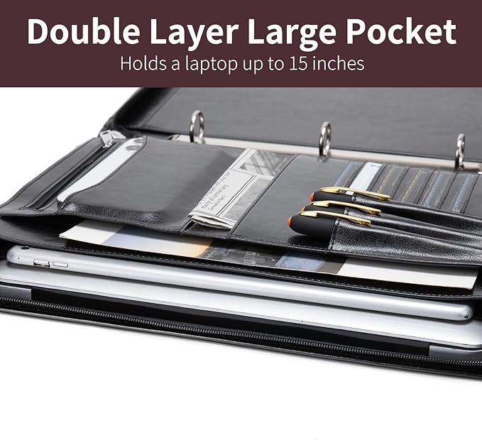 Vegan Leather 3 Ring Binder Portfolio, 8.5 x 14 Legal Size Pad Holder, Hidden Handle, Zippered Padfolio with 15” Laptop Organizer, Professional Business Folio for Men Women, Black