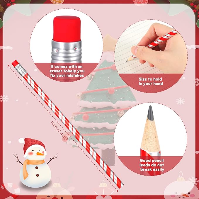 Queekay Christmas Gift Candy Cane Prism Pencils Bulk for Classroom Toppers Xmas with Erasers Cute Writing Pencils for Teacher Rewards Stocking Stuffers Supplies(24 Pieces)