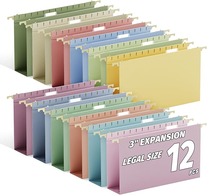 Ansook 3" Leagl Size Hanging File Folders Extra Capcity,12 Pack Plastic Legal Size Expandable File Folders with Tabs, Heavy Duty Plastic Hanging Folders for Office, Home, School & Filing Cabinet