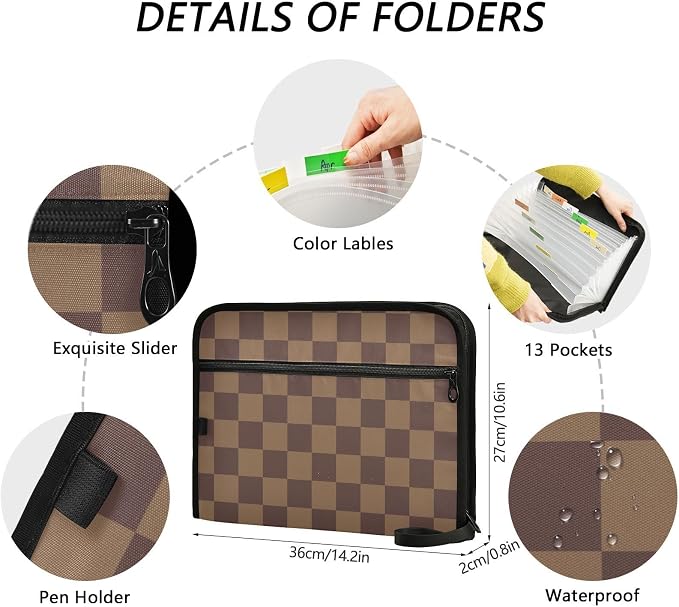 Expanding File Folder Brown Checkerboard Accordion File Organizer 13 Pockets Document Organizer with Zipper Labels A4 Letter Office Storage