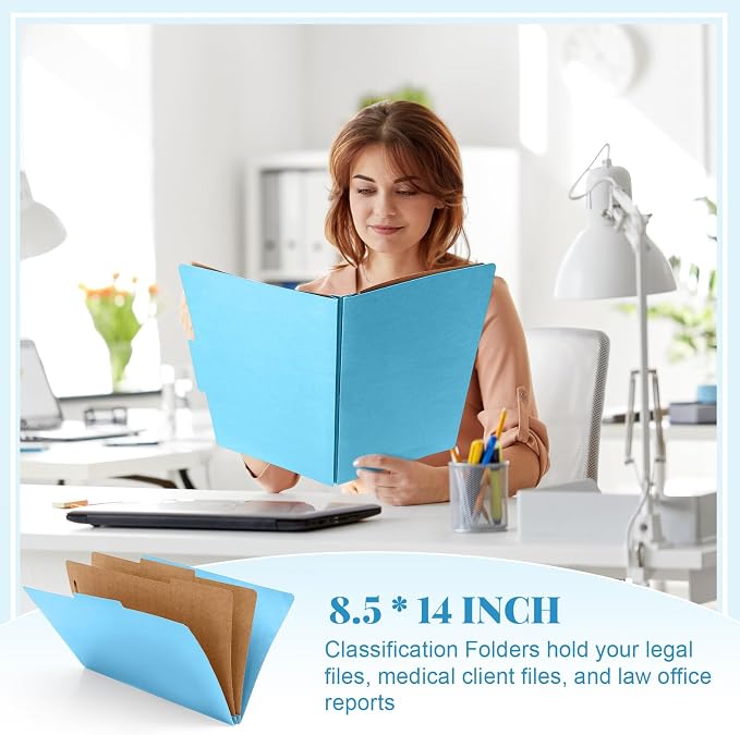 AmazingSpark 12 Pcs Legal Size Classification Folders Bulk 2 Dividers Pressboard File Folder with Expansion 2 Prongs Fastener Heavy Duty Office File Organizer for School Hospitals Home (Light Blue)