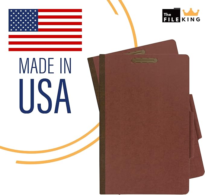 The File King Two Divider Legal Size Pressboard Classification File Folder - Brick Red | Made in America | Box of 10 | Top Tab | 2” Expansion | Durable 2-Inch Fastener Prongs