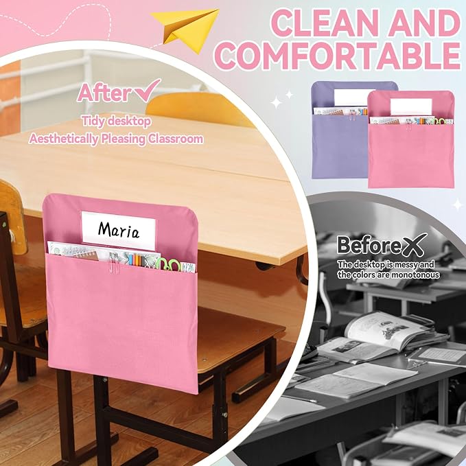 gisgfim 12 Pcs Chair Pockets for Classroom 17 x 20 Inch s with Name Tag for Classroom Chairback Pouch Bag Organizer for Student Elementary School Daycare Supply (Pastel Pink)