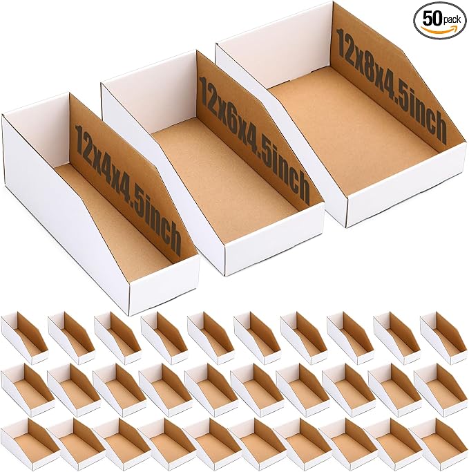 50 Pack Cardboard Storage Bins Assorted Sizes, Cardboard Boxes, 28 Pack 12x4x4.5, 14 Pcs 12x6x4.5, 8 Pcs 12x8x4.5 Corrugated Organizer Bins for Pantry, Shelves, Garage, Office, Shop