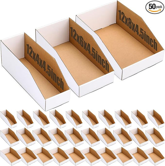 50 Pack Cardboard Storage Bins Assorted Sizes, Cardboard Boxes, 28 Pack 12x4x4.5, 14 Pcs 12x6x4.5, 8 Pcs 12x8x4.5 Corrugated Organizer Bins for Pantry, Shelves, Garage, Office, Shop