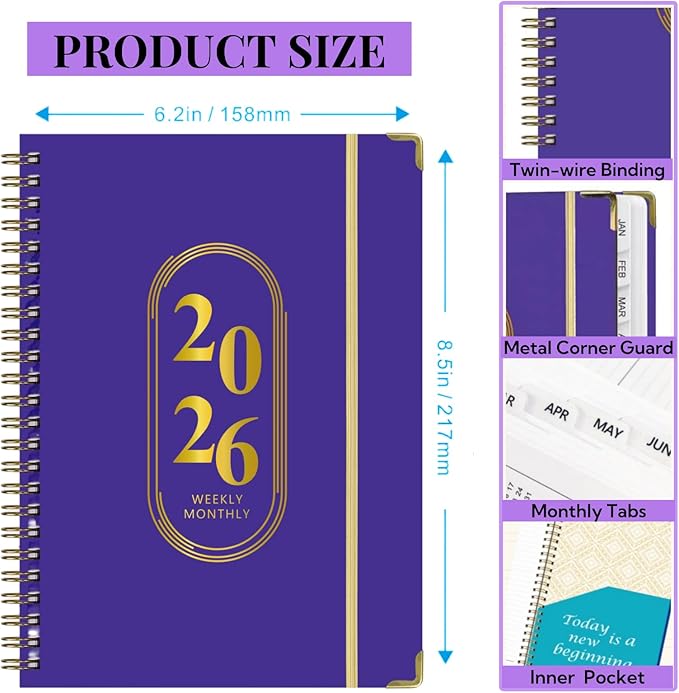 Planner 2026,Monthly and Weekly Agenda Calendar Planner,Jan 2026 to Dec 2026,A5 (6.3" x 8.5"),Hardcover Spiral Daily Planning Book with Tabs,for Office Home School Women & Men,Purple
