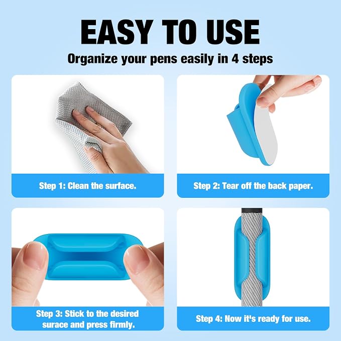 Adhesive Pencil Holders for Desk Silicone Pen Holder Organizer for Desk Accessories,Teacher Supplies for Classroom, Office, School Accessories,Notebook, WallS or Clipboards（10PCS,Blue）