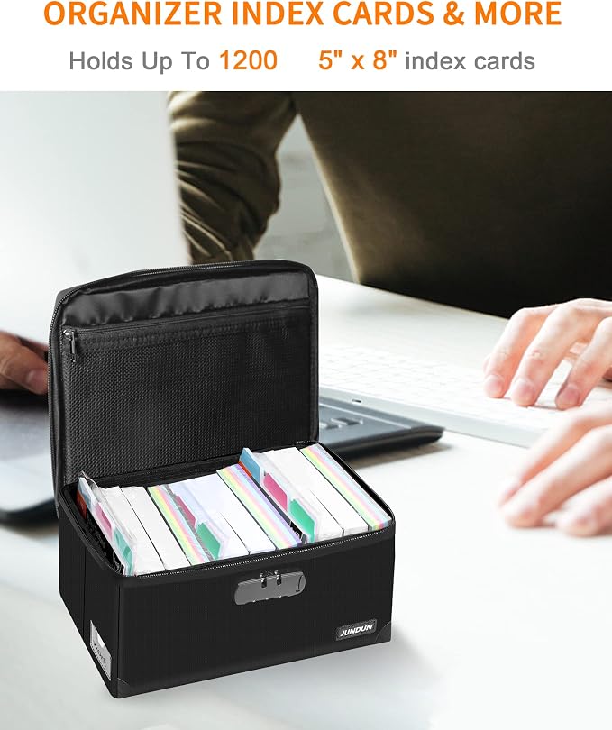 JUNDUN Index Card Holder with Lock,Collapsible Fireproof Index Card Box fits 1200 5x8-Inch Flash Cards - Business, Recipe, or Note Card Storage Boxes - Black