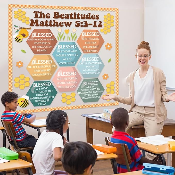 QOUBAI Christian Bulletin Board Decoration The Beatitudes Matthew 5:3-12 Classroom Decoration Motivational Bible Verse Poster Paper Cutouts for Back to School Sunday School Church Parish Decor（Groovy）