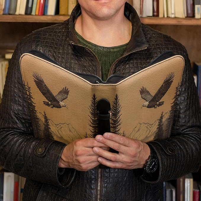 Bible Cover for Men, Bible Carrying Book Case, Protective Bible Organizer Holder Bag with Handle and Zippered Pocket, Christian Gift for Boy (Bald Eagle Cross & Deer, XXL)