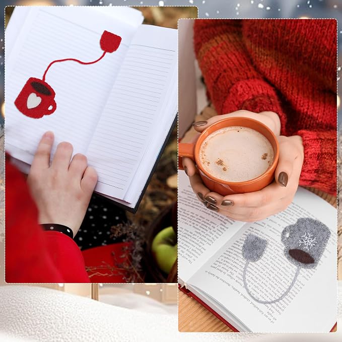 Honoson 6 Pcs Cups and Tea Bag Felt Bookmarks Cute Hand Teapot Gift Mug Shape Hand Embroidered Bookmarks for Holiday Women Teacher Book Reading Lovers