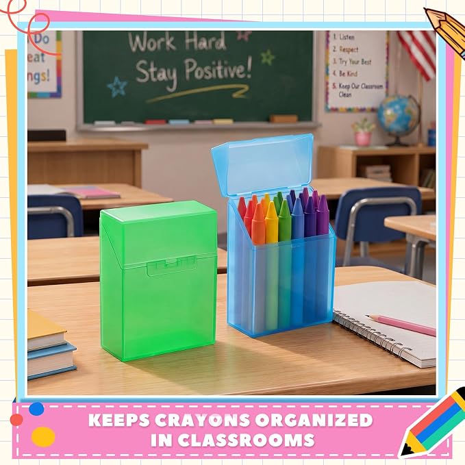 Clabby 2 Pcs Plastic Crayon Organizer Case for 24 Count Crayons Kids Art Supply Storage Box with Lid, Portable Holder for Classroom Home Travel, Fits Standard 24-Pack Crayon (Blue,Green)