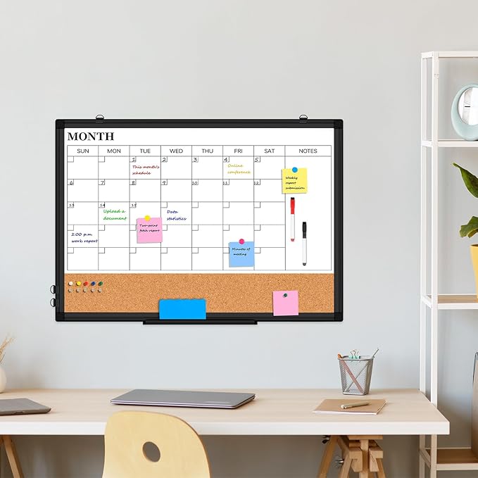 Monthly Calendar Whiteboard Dry Erase Cork Board Combo for Wall, 30" x 20" Double-Sided Calendar White Board and Bulletin Board with Black Aluminium Frame, Planning Board for Office, Home, School