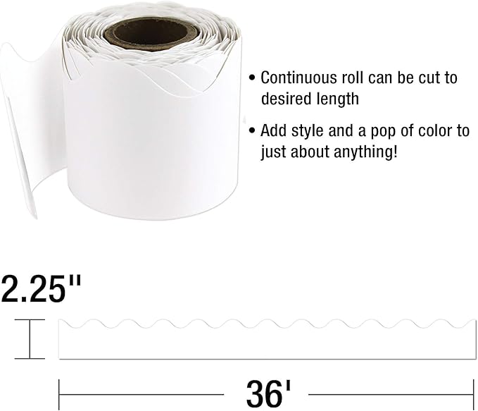 Carson Dellosa 36Ft of White Bulletin Board Borders, 1 Roll of Scalloped Trim for Rolling Whiteboard, Cork and Posterboard, Office Decorations, and Classroom Decor