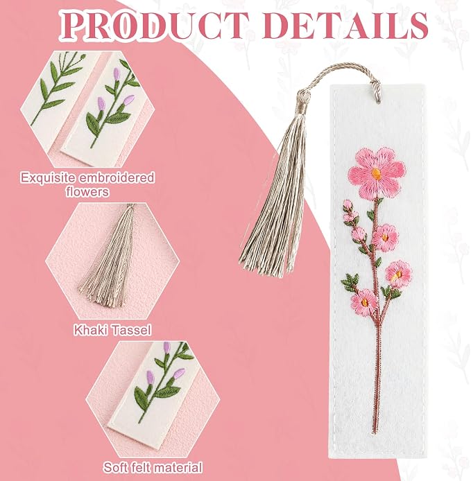 Gersoniel 4 Pack Embroidery Felt Bookmarks Floral Patterns Bookmark with Tassels Handmade Flower Bookmark Cute Book Markers for Reading Adults School Office Book Lovers Gifts (Flower)