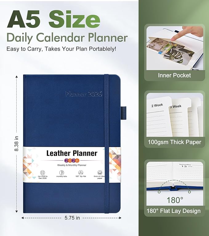 2026 Weekly & Monthly Planner, 12 Months Hardcover Planner from January 2026 - December 2026, Leather Agenda Organizer Book 2026 with Tabs, Daily Calendar Planners for Work School Home, A5 (5.75" x 8.38"), Navy