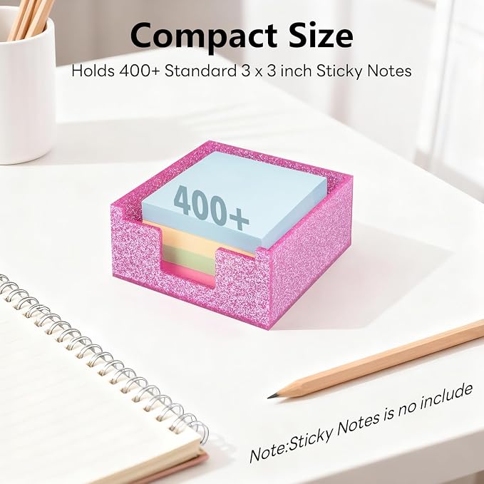 Rose Pink Sparkling Sticky Note Holder, Glitter Acrylic Organizer, 3.94 x 3.94 in Multi-Use Tray for Office, School & Home Desk