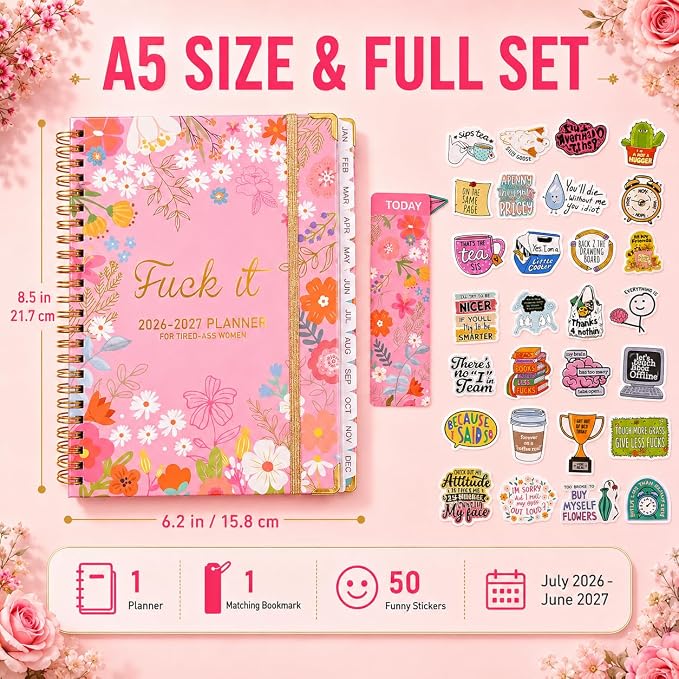 Fuck it Planner Calendar 2026-2027 - A5 6.2*8.5" Weekly Monthly Swear Notebook for Goals Productivity, Fucking Sweary Daily Agendas Organizer Get Shit Done Journal, Funny Gifts for Tired Women, Pink
